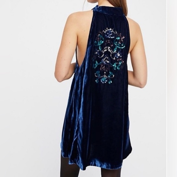 FREE PEOPLE Jills Velvet Sequin Swing Dress Mini Navy High Neck Size XS - Picture 3 of 13